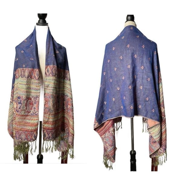 Pashmina Shawl/Scarf Multicolor w/Embroidered Designs & Tassels - Picture 1 of 15